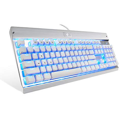 Eagletec KG011 Mechanical Keyboard Blue Switches 104 Lighted Keys Natural Ergonomic Aluminum Design for Windows PC Office and Gaming (White Keyboard Blue LED Backlit)