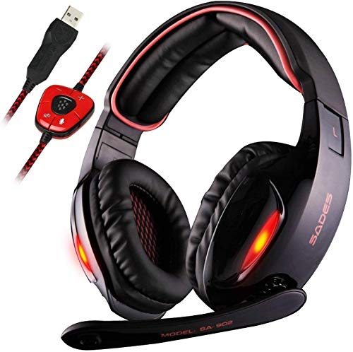 Sades SA902 7.1 Channel Virtual USB Surround Stereo Wired PC Gaming Headset Over Ear Headphones with Mic Revolution Volume Control Noise Canceling LED Light (Black/Red)